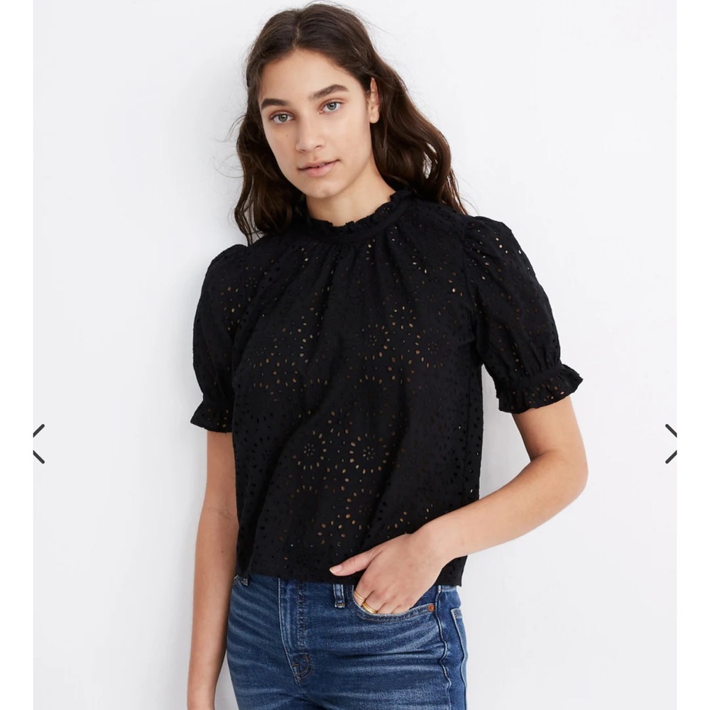 Madewell embroidered eyelet ruffle neck top